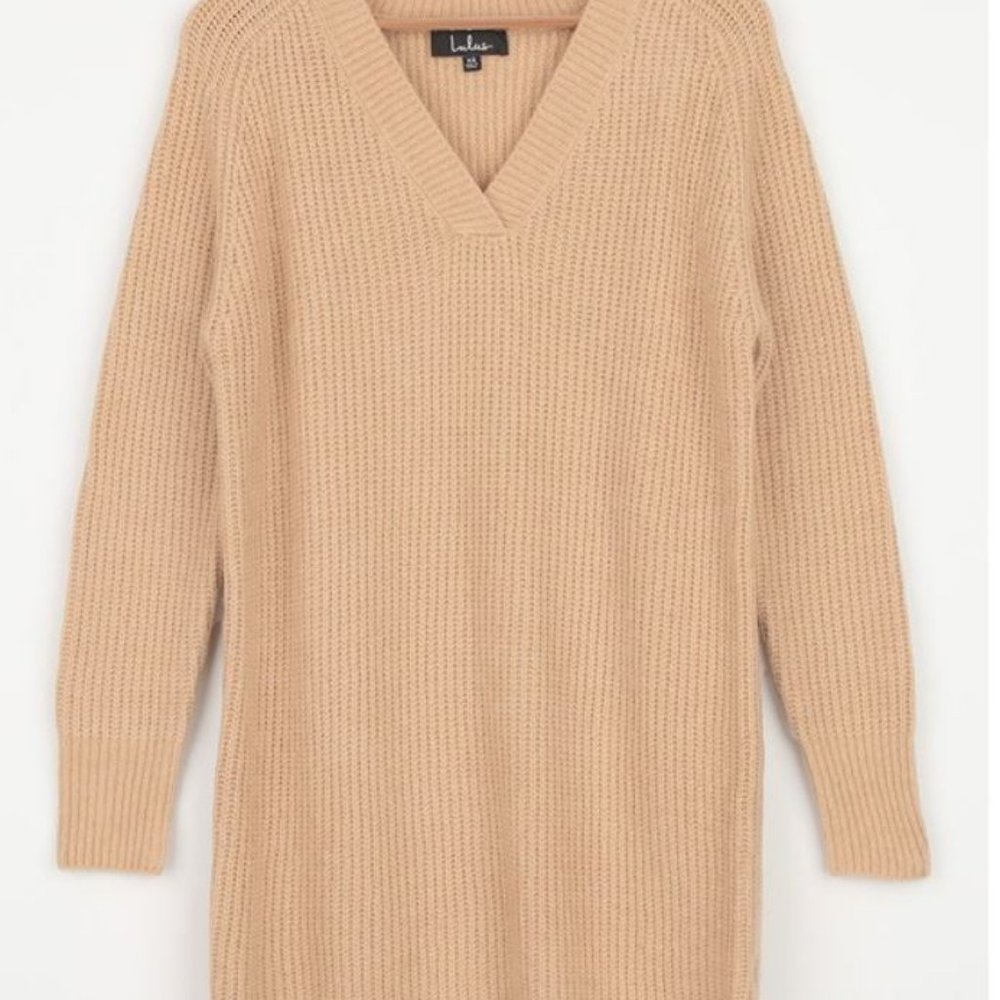 Lulu's Beige V-Neck Sweater Tunic/Dress - Picture 4 of 4